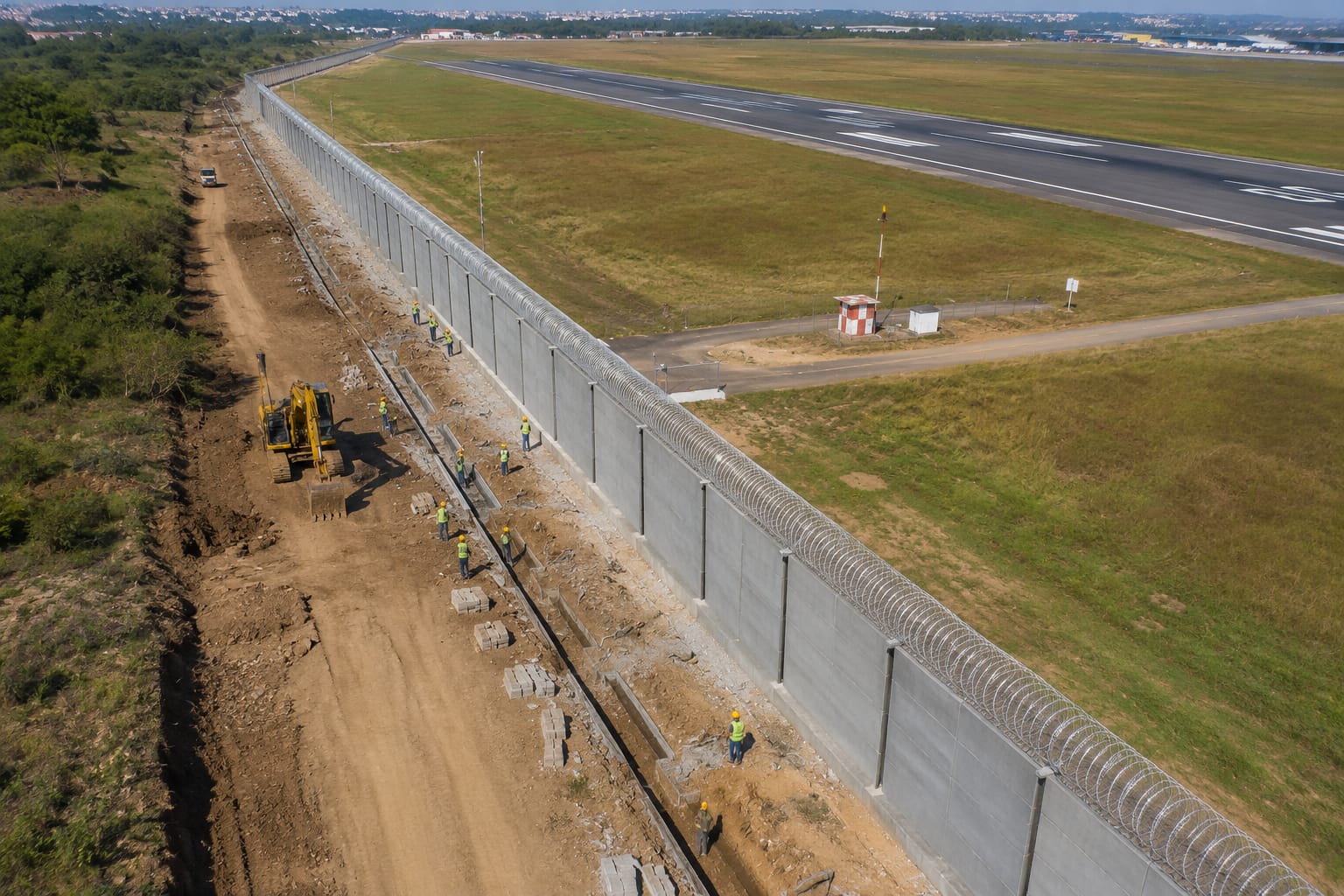 Construction of High RCC Security Wall with Concertina Coil at Defence Land for the Safety of Runway